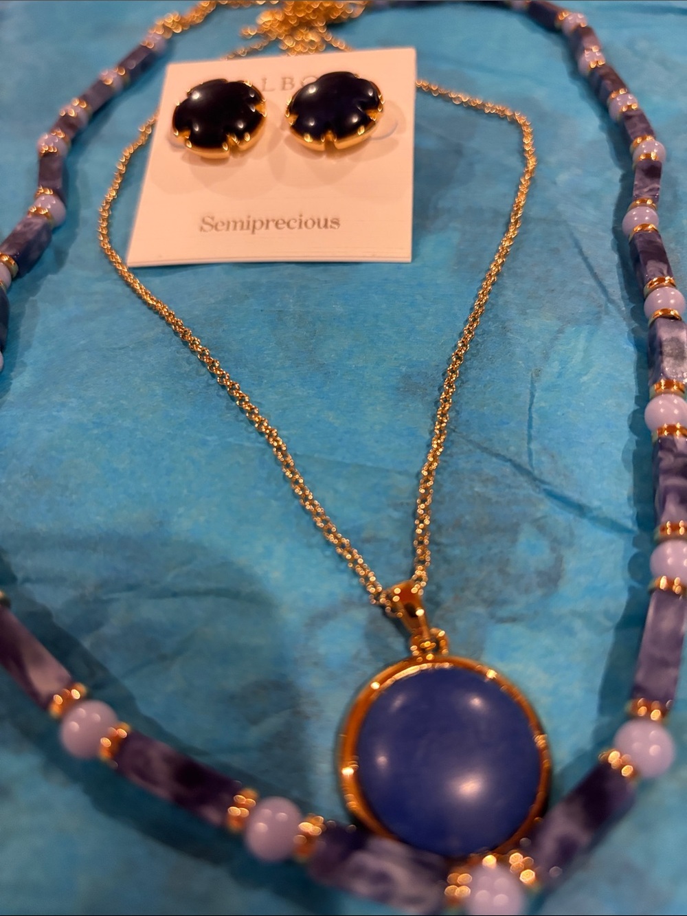 Talbots Gold-Tone Necklace with Deep Blue Stone and Matching Blue Earrings